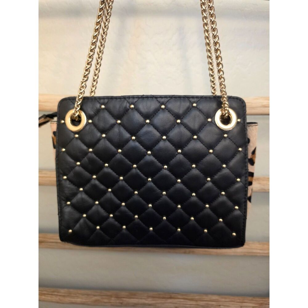 Chico's Black Quilted Studded Leopard Print Gold Chain Shoulder Bag Purse